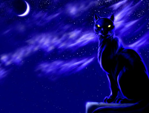 обоя рисованное, животные,  коты, кот, ночь, луна, небо