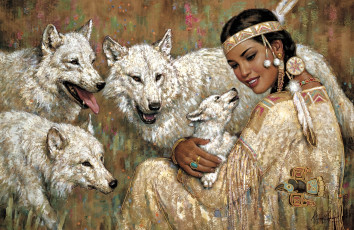 обоя рисованное, люди, девушка, индианка, волки, волчонок