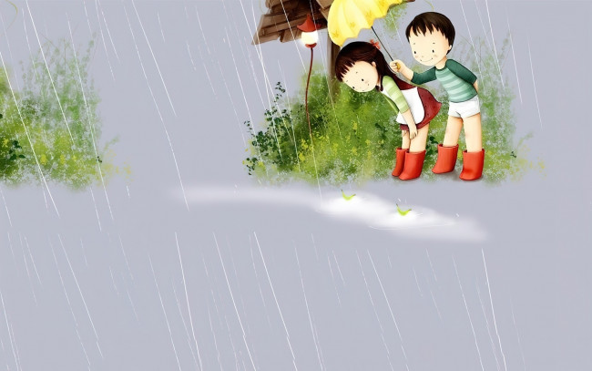 Обои картинки фото рисованное, дети, мальчик, девочка, зонт, дождь