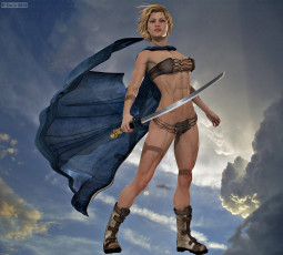 Картинка 3д+графика fantasy+ фантазия девушка меч облака