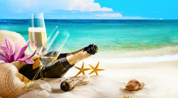 обоя еда, напитки,  вино, море, пляж, песок, бутылка, бокалы, ракушка, шампанское