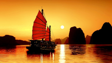 Картинка корабли 3d залив скалы халонг лодка джонка вьетнам закат море парус