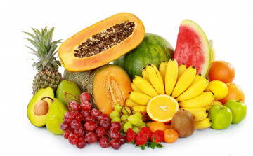 обоя еда, фрукты,  ягоды, виноград, дыня, белый, фон, арбуз, клубника, банан