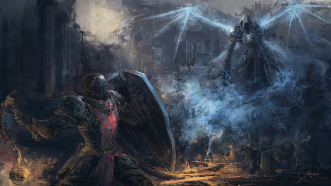 Обои картинки фото видео игры, diablo iii,  reaper of souls, доспехи, воин, крылья, арт, дьявол, оружие, щит, облако