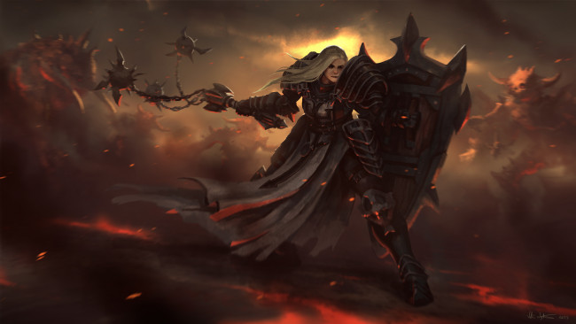 Обои картинки фото видео игры, diablo iii,  reaper of souls, щит, человек, искры, монстры, доспехи, оружие