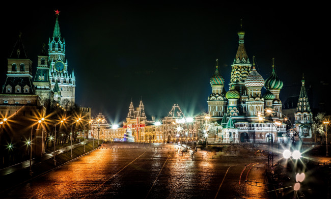 Обои картинки фото города, москва , россия, храм, василия, блаженного, москва, ночной, город, кремль, красная, площадь