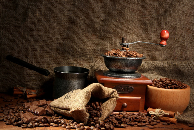 Обои картинки фото еда, кофе,  кофейные зёрна, кофейные, зерна, турка, мешочек, корица