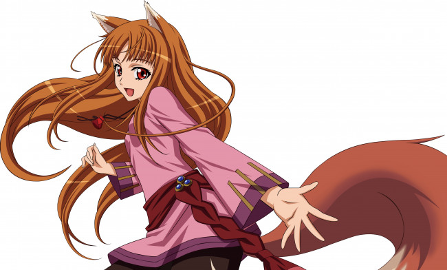 Обои картинки фото аниме, spice and wolf, взгляд, девушка, волосы, фон