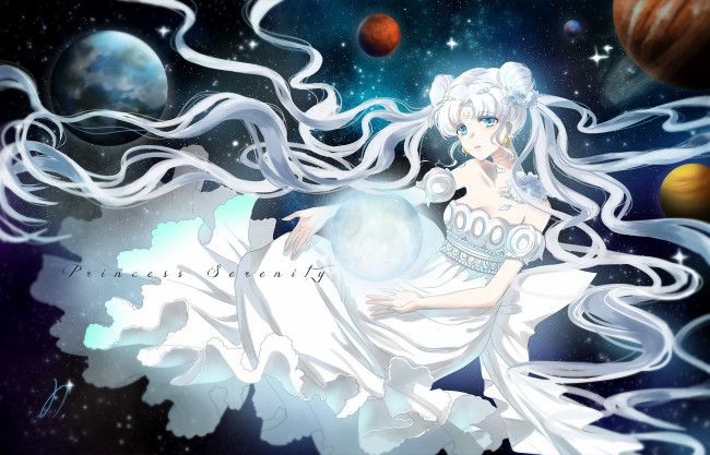 Обои картинки фото аниме, sailor moon, princess, serenity, космос, планеты, девушка, платье, бани