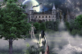 Картинка фэнтези девушки ночь статуя озеро девушка