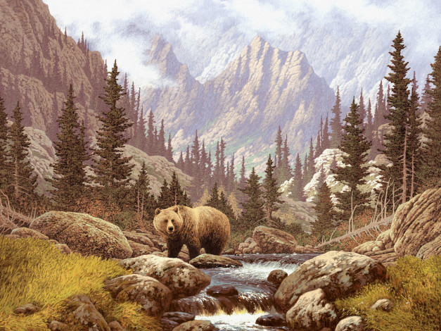 Обои картинки фото рисованные, животные, медведи, ручей, горы, лес