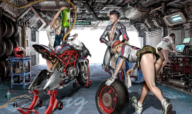 Обои картинки фото фэнтези, девушки, ford, mustang, cobra, мотоцикл, автомеханики, автомастерская