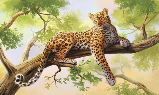 Обои картинки фото рисованные, животные, дерево, леопард