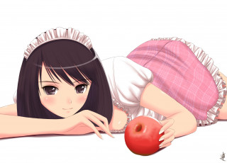 обоя аниме, tony taka , mangaka, девушка, яблоко, белый, фон
