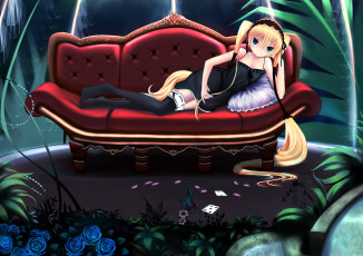 Картинка аниме seikon+no+qwaser ekaterina kurae диван пеньюар чепец комната оранжерея растения цветы розы бабочка игральные карты подушка чулки