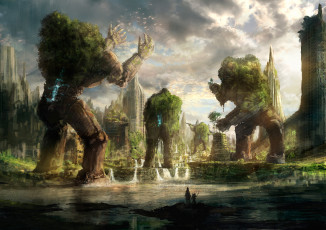 Картинка фэнтези роботы +киборги +механизмы город существа деревья арт you shimizu вода люди руины