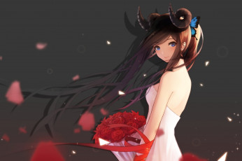 Картинка аниме ангелы +демоны ariinine розы фон девушка букет рога арт