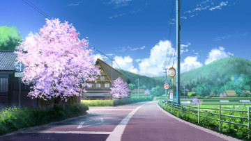 Картинка аниме город +улицы +здания niko-p арт дерево сакура дорога столбы знаки провода дома улица весна