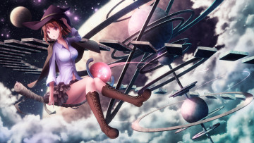 Картинка аниме магия +колдовство +halloween небо ночь девушка шляпа планеты