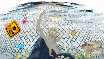 Картинка аниме vocaloid plantroom9 nine дорожный знак цветы сетка пузыри вода мужчина kagamine len