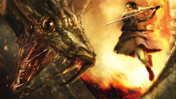 Картинка фэнтези драконы дракон голова клыки слюни охотник прыжок меч