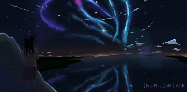 Обои картинки фото аниме, unknown,  другое, облака, небо, девушка, ночь, арт, звёздное