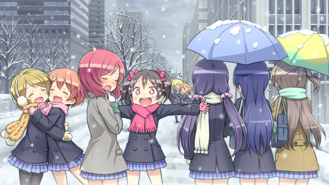 Обои картинки фото аниме, love live,  school idol project, kuinji, 51go, арт, девочки, зима, снег, зонт, город