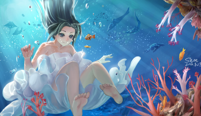 Обои картинки фото аниме, unknown,  другое, shon, арт, девушка, вода, рыбы, кораллы, платье