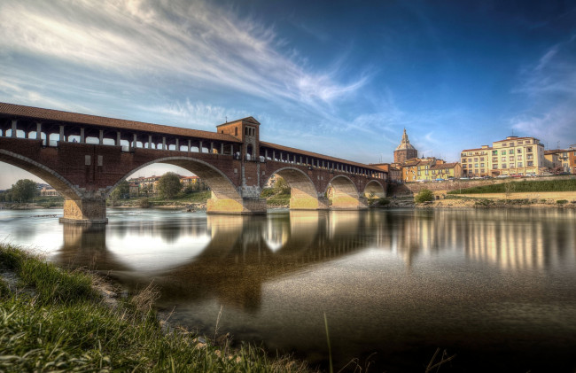 Обои картинки фото pavia - covered bridge, города, - мосты, мост, река