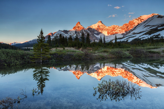 Обои картинки фото природа, реки, озера, канада, альберта, национальный, парк, джаспер, гора, атабаска, озеро, отражение
