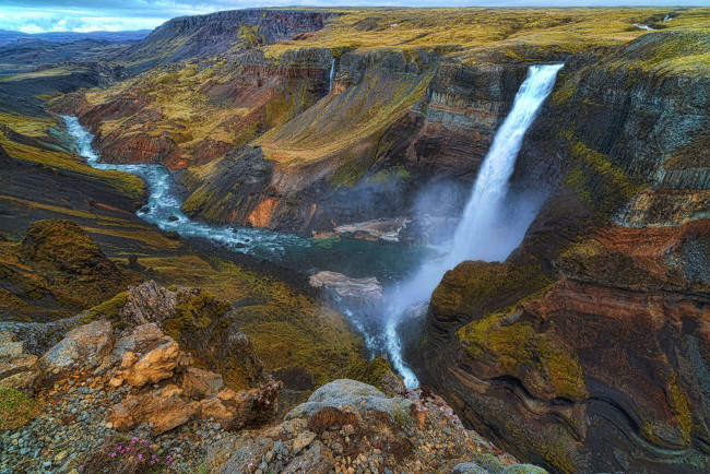 Обои картинки фото природа, водопады, исландия, поток, каньон, водопад, река