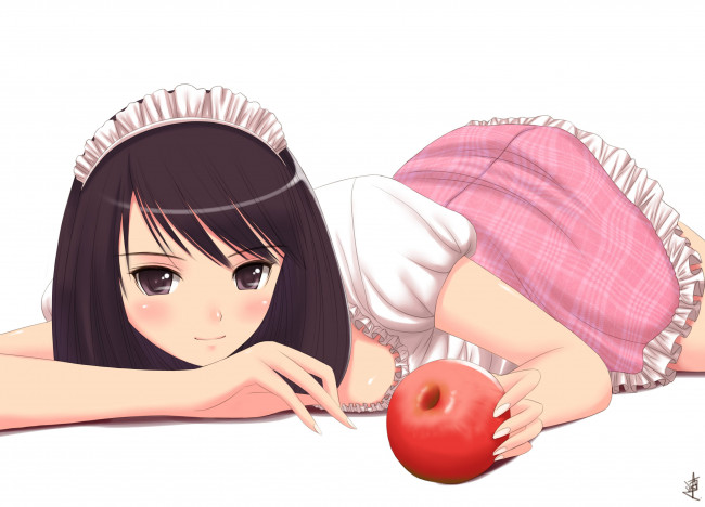 Обои картинки фото аниме, tony taka , mangaka, девушка, яблоко, белый, фон
