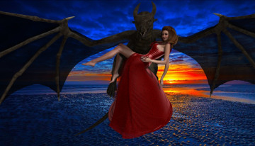 Картинка 3д+графика существа+ creatures взгляд девушка дракон полет фон