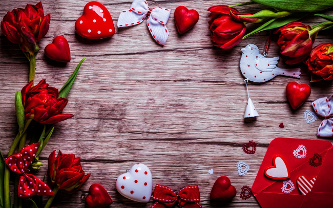 Обои картинки фото праздничные, день святого валентина,  сердечки,  любовь, банты, сердечки, тюльпаны