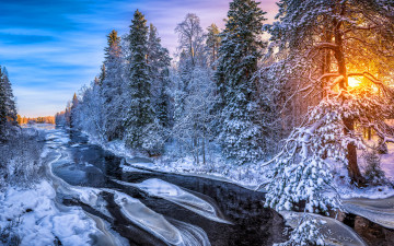 Картинка природа зима снег река лес солнце