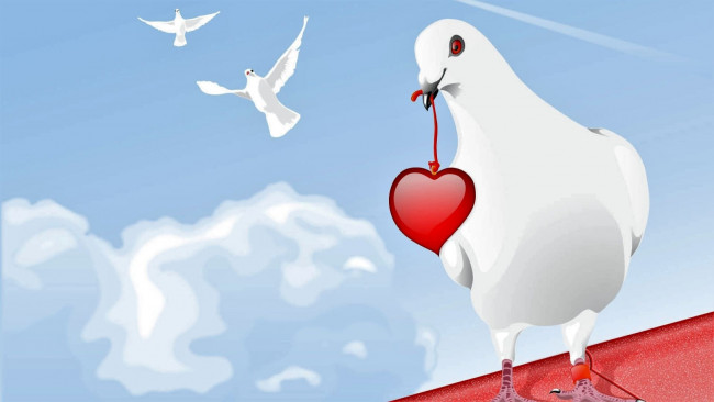 Обои картинки фото векторная графика, птицы , птицы, голуби, небо, сердечко, крыша
