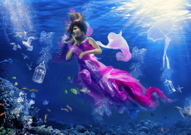 Обои картинки фото разное, компьютерный, дизайн, зонт, девушка, море, чайки, рыбы