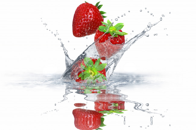 Обои картинки фото еда, клубника,  земляника, брызги, отражение, вода, ягоды