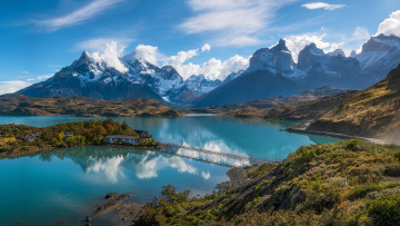 Картинка природа реки озера южная америка Чили патагония горы анды озеро мостик остров дома