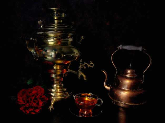 Обои картинки фото еда, натюрморт, чашка, чайник, самовар, чай, цветок
