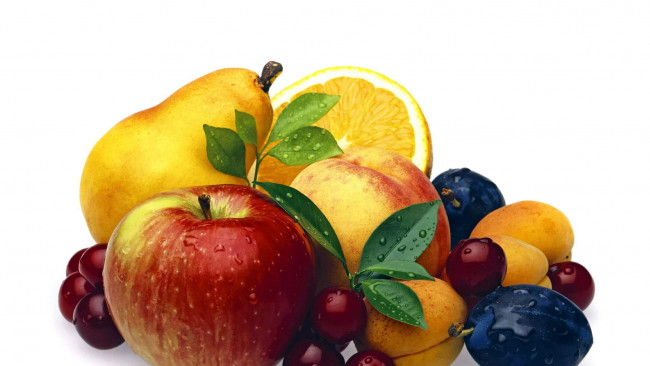 Обои картинки фото еда, фрукты,  ягоды, вишни, яблоко, сливы