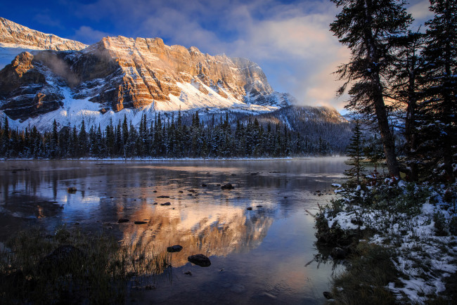 Обои картинки фото природа, реки, озера, национальный, парк, банф, канада, осень, утро, боу, озеро, скалистые, горы, отражения