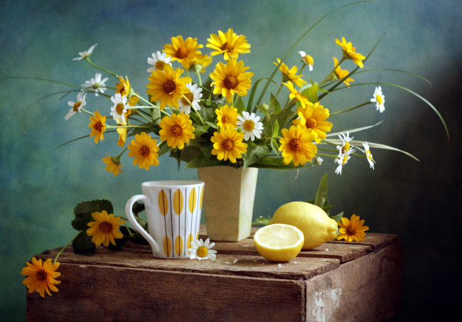 Обои картинки фото еда, натюрморт, лимон, чашка, букет