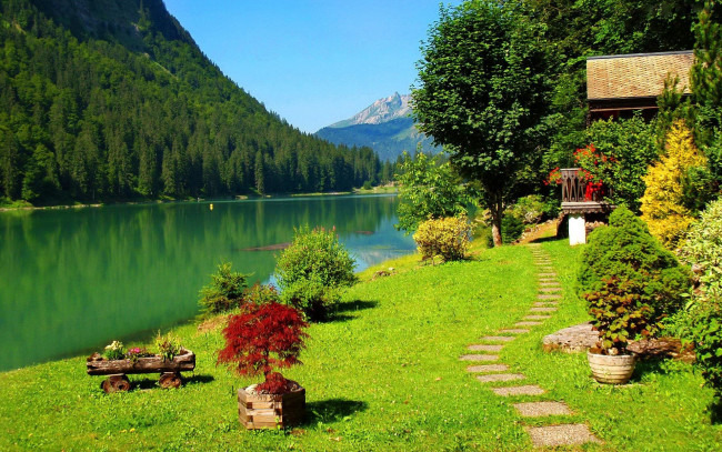 Обои картинки фото природа, реки, озера, берег, горы, деревья