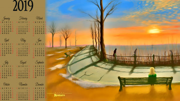 Картинка календари рисованные +векторная+графика кошка скамейка девушка дерево забор дорога