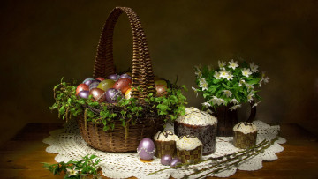 Картинка праздничные пасха корзинка крашенки куличи весенние цвнты букет