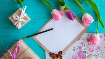 Картинка праздничные подарки+и+коробочки бабочка тюльпаны бутоны карандаш бумага подарки