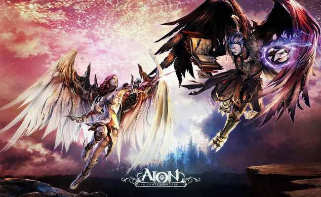 Обои картинки фото видео игры, aion,  the tower of eternity, ангел, демон, поединок, магия