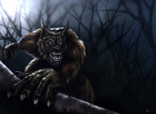 Картинка фэнтези существа волк оборотень ночь деревья волкодав