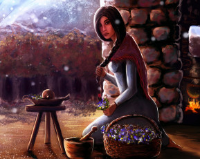Картинка фэнтези девушки девушка очаг цветы платок лукошко